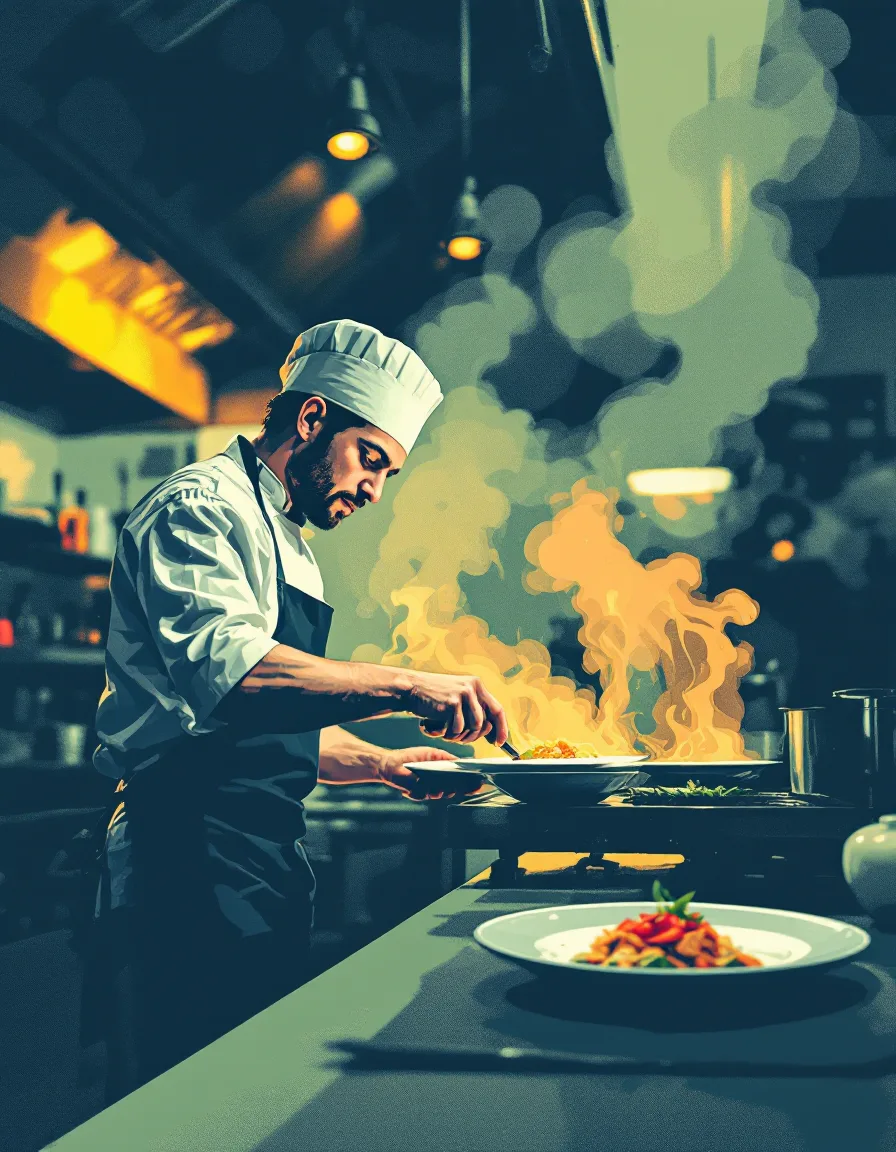A chef plating at the pass while a Brass Lantern photographer composes a close-up