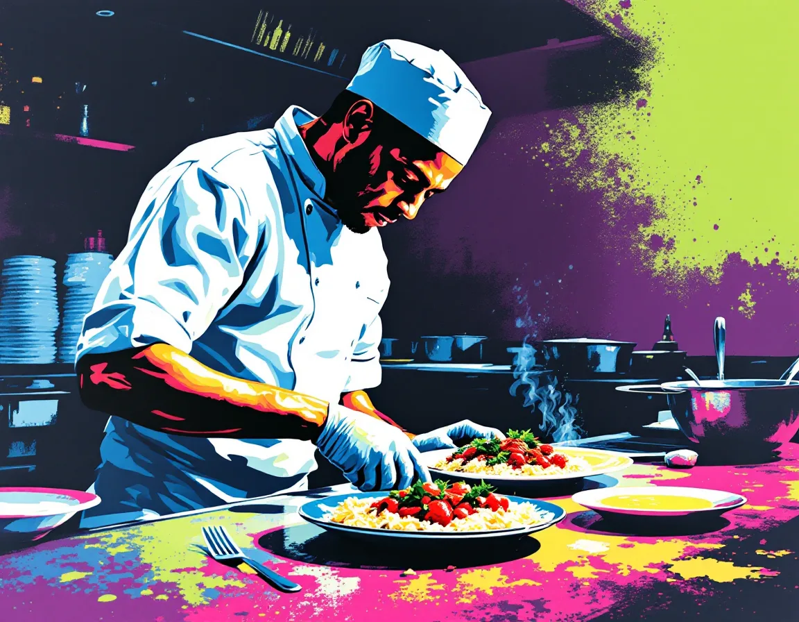 Pop-art screenprint portrait of a chef at the pass