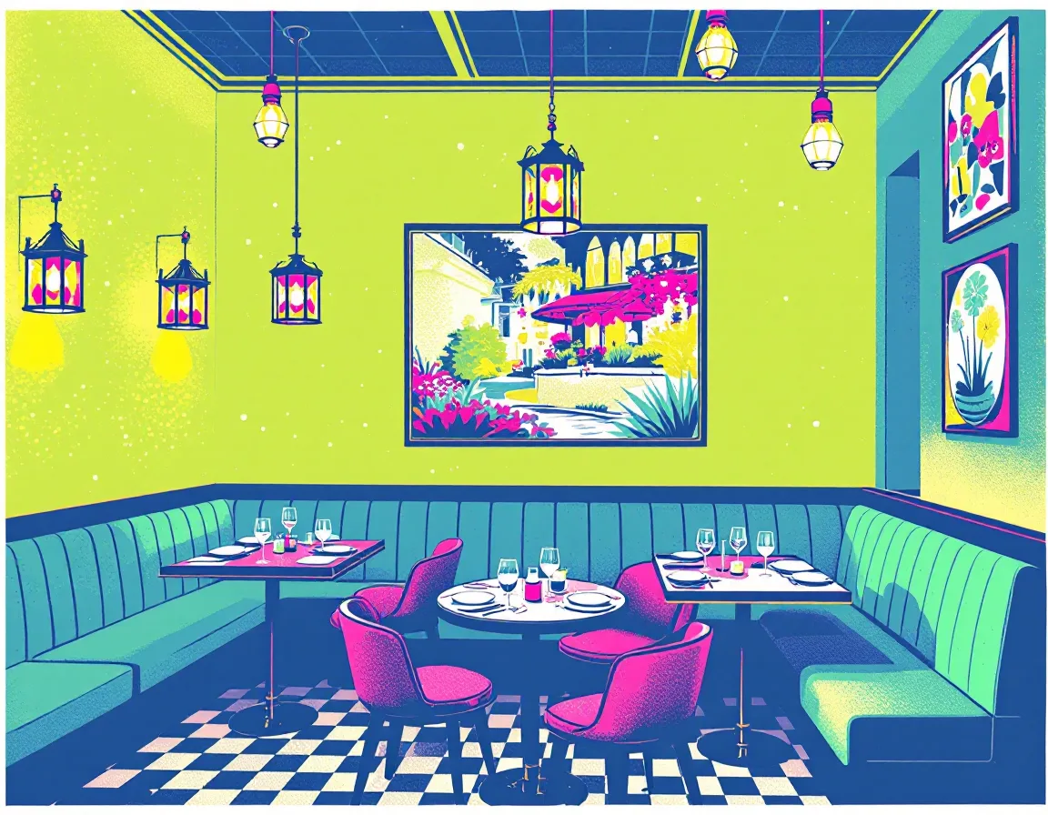 Pop-art screenprint of a restaurant dining room